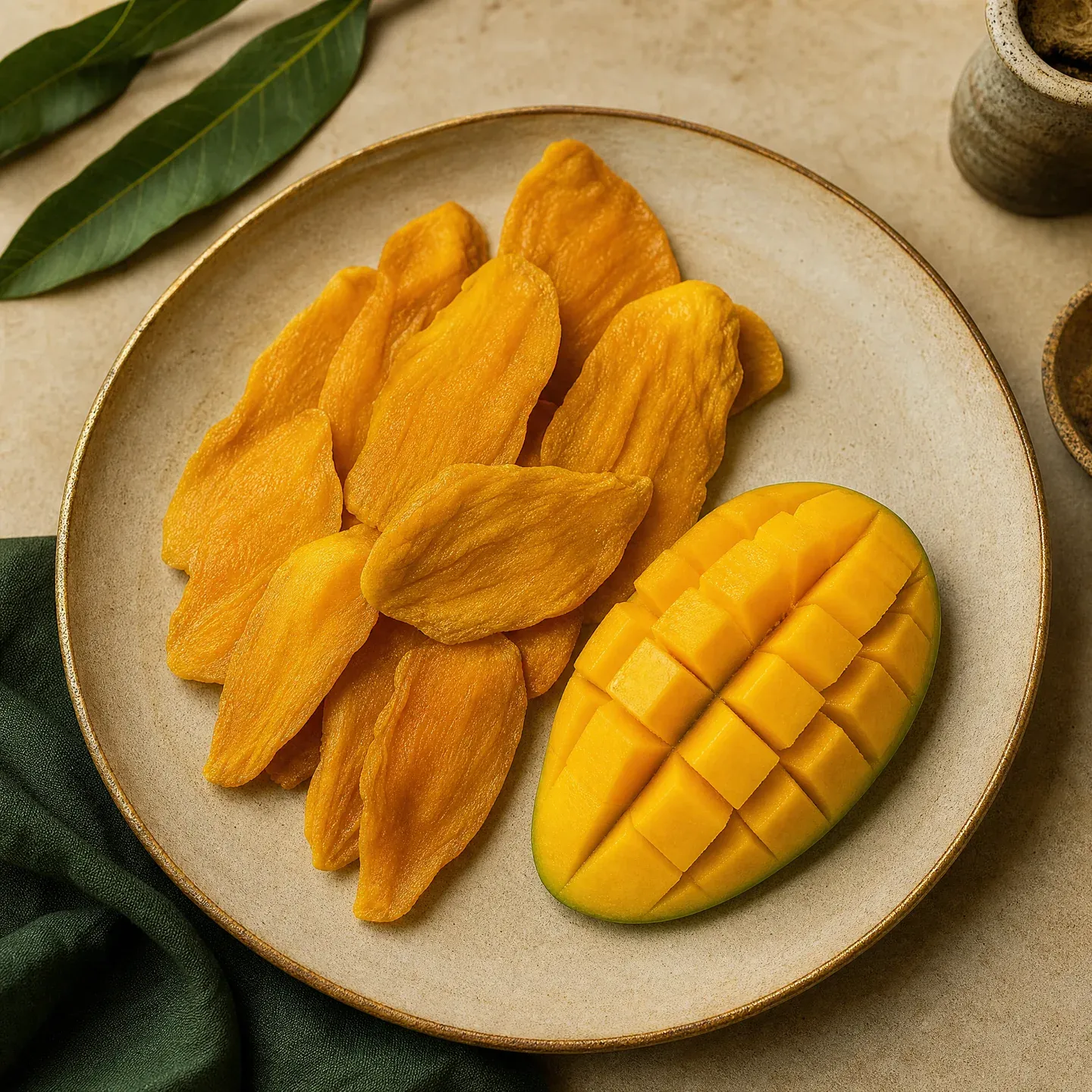Golden dried mango slices with a fresh mango on a parchment-toned plate